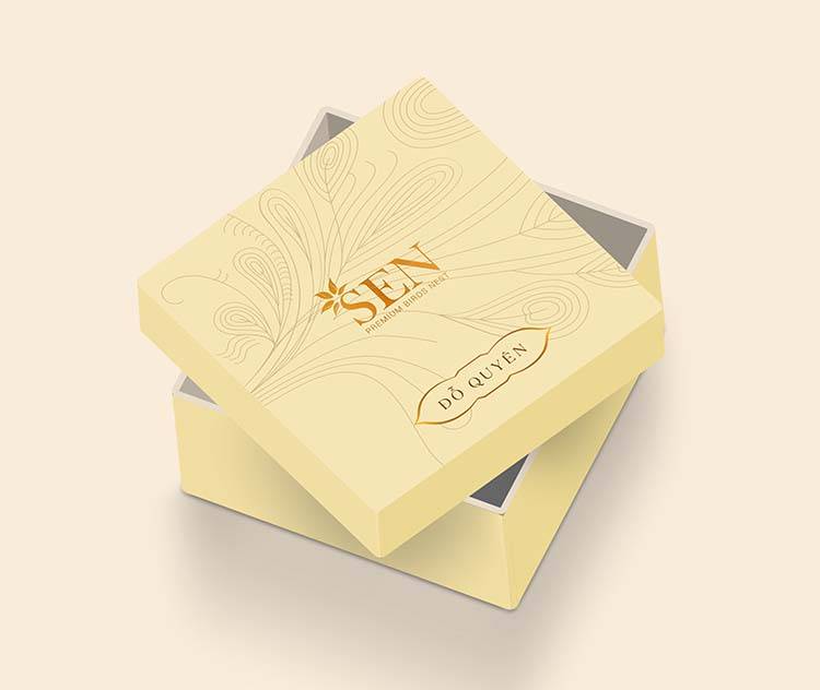 Mẫu thiết kế hộp đựng sản phẩm tổ yến khô màu trắng của SEN Pearl & Nest.