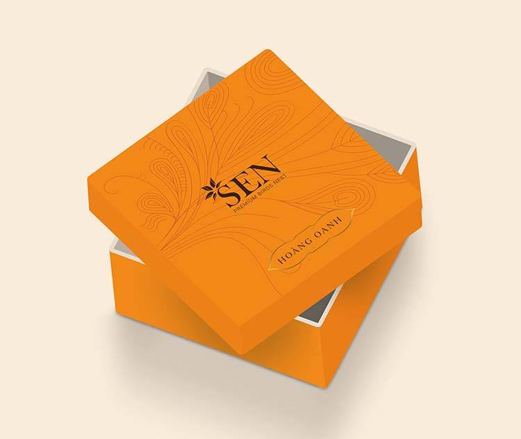 Mẫu thiết kế hộp đựng sản phẩm tổ yến khô màu vàng của SEN Pearl & Nest.
