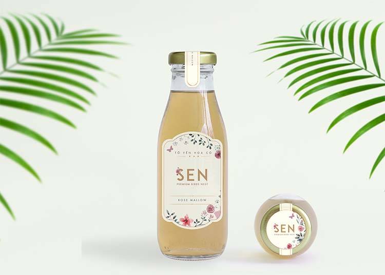 Mẫu thiết kế nhãn mác chai yến chưng sẵn dòng Hoa lá của SEN Pearl & NEST.