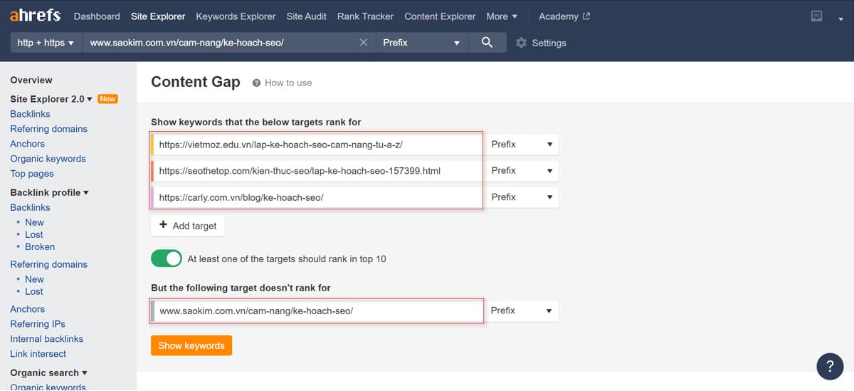 Kiểm tra khoảng trống nội dung so với đối thủ Thống kê từ khóa tự nhiên của bài viết trong Ahrefs