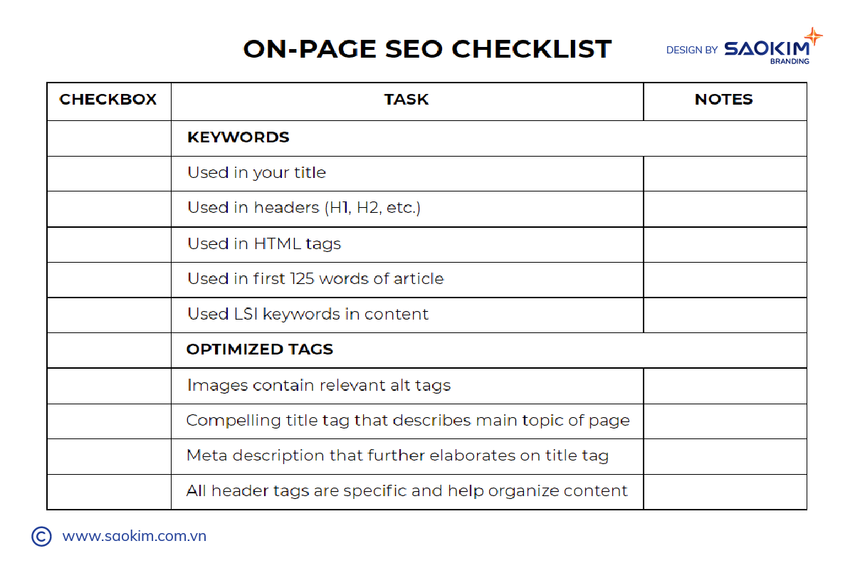 Mẫu kế Checklist OnPage SEO Mẫu kế Checklist OnPage SEO