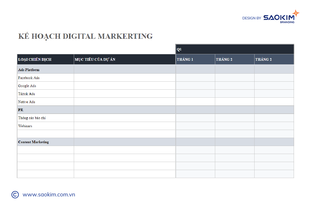 Mẫu kế hoạch Digital Marketing được chia theo tháng, quý, năm Mẫu kế hoạch Digital Marketing được chia theo tháng, quý, năm