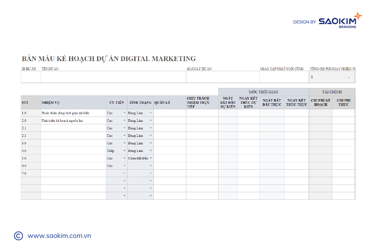 Mẫu kế hoạch dự án Digital Marketing Mẫu kế hoạch dự án Digital Marketing