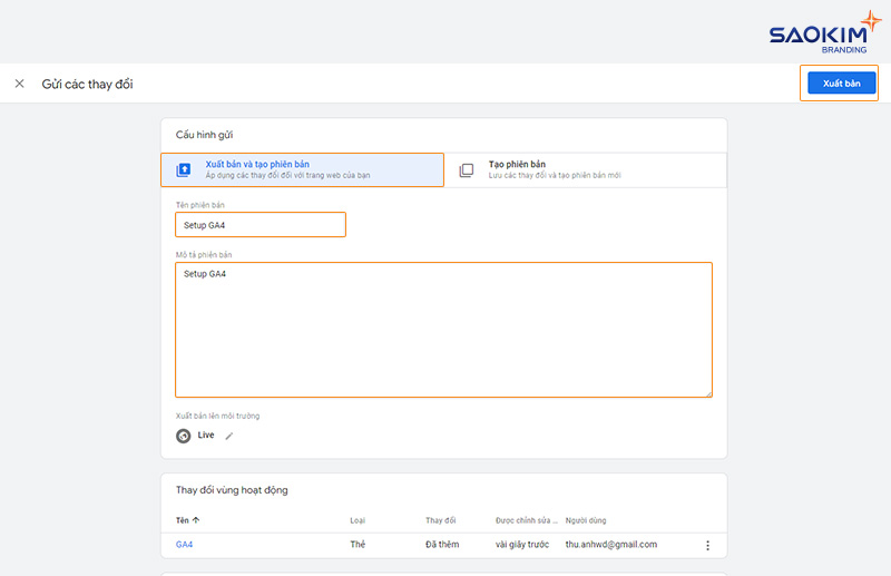 Cài đặt Google Analytics bằng Tag Manager - Điền thông tin phiên bản và Xuất bản Thẻ Google Analytics 4