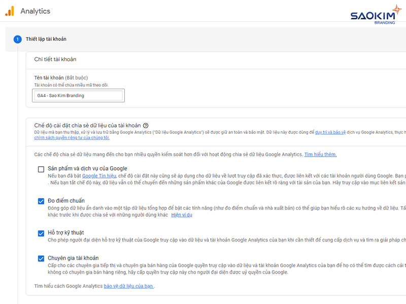 Cài đặt tài khoản Google Analytics - Thiết lập thông tin ban đầu (tài khoản)