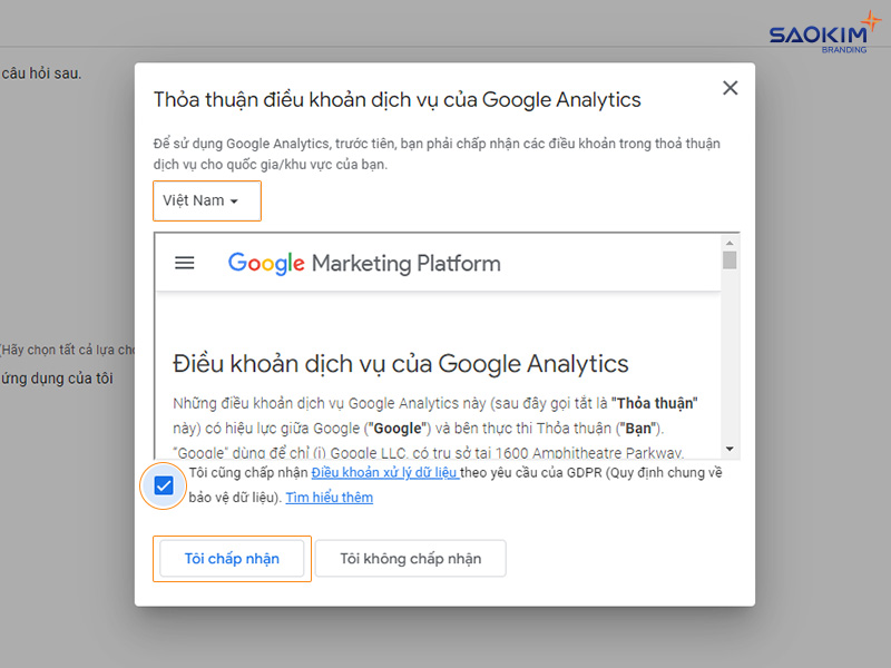 Cài đặt tài khoản Google Analytics - Đồng ý điều khoản dịch vụ