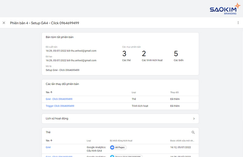 Cài đặt chuyển đổi click gọi điện bằng Google Tag Manager - Thông tin phiên bản