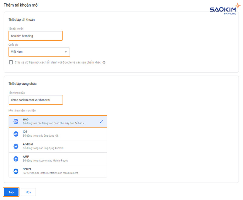 Cài đặt Google Tag Manager vào website - Bước Điền thông tin tài khoản