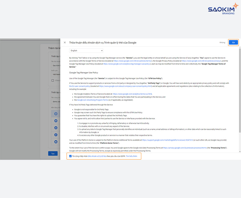 Cài đặt Google Tag Manager vào website - Bước Đồng ý điều khoản dịch vụ