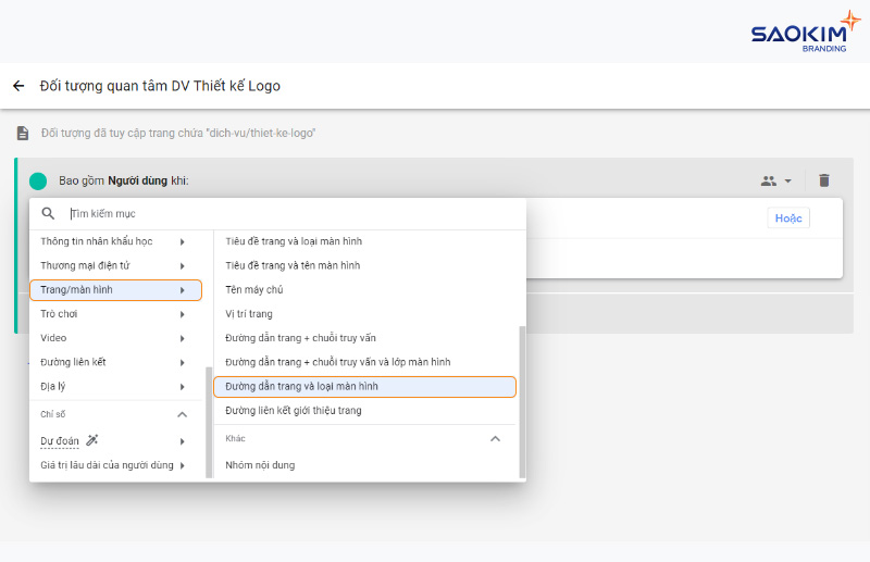 Tạo đối tượng tùy chỉnh trong Google Analytics 4 - Chọn loại điều kiện gộp đối tượng