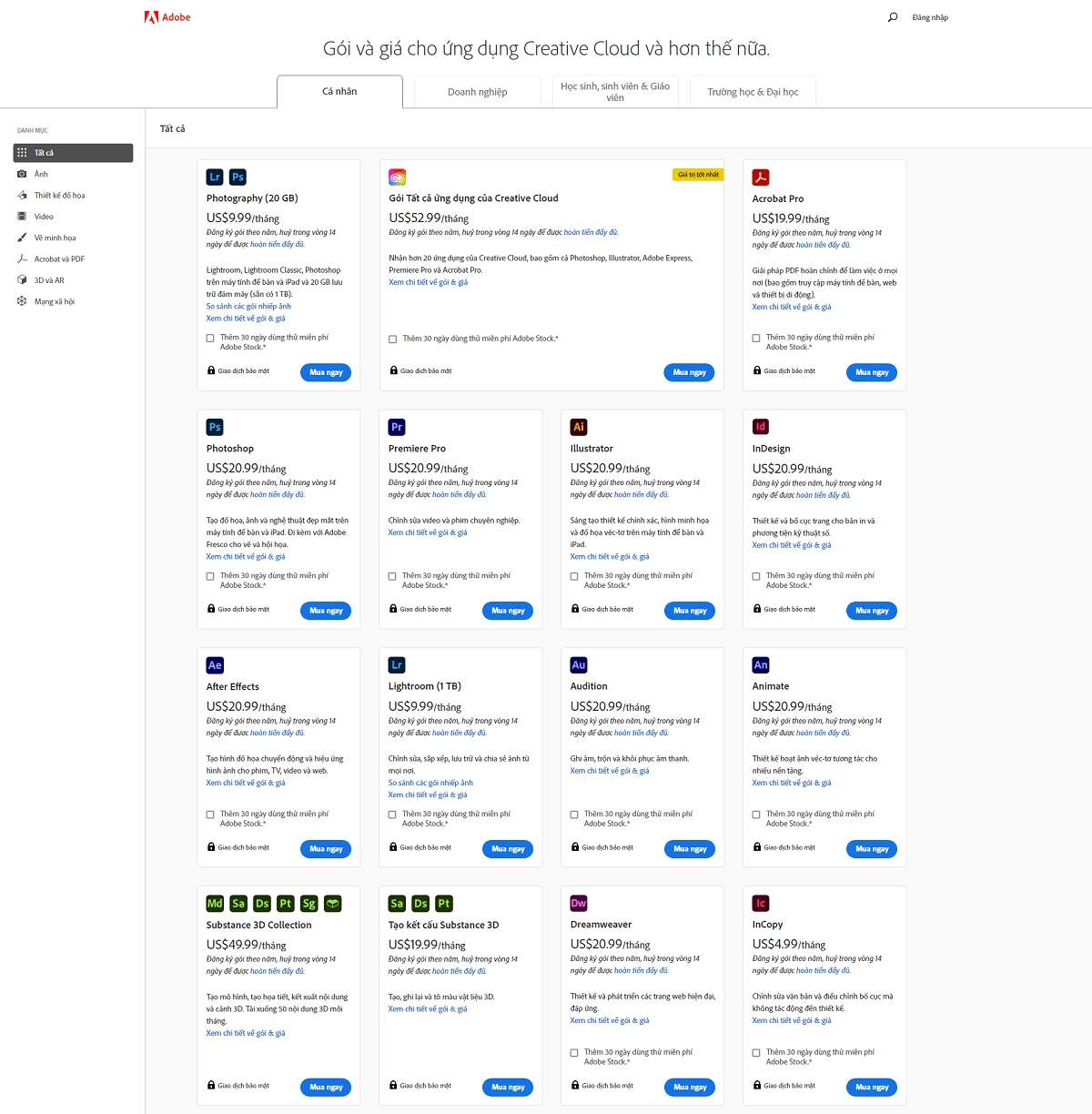 Ví dụ trang gói cước của Adobe