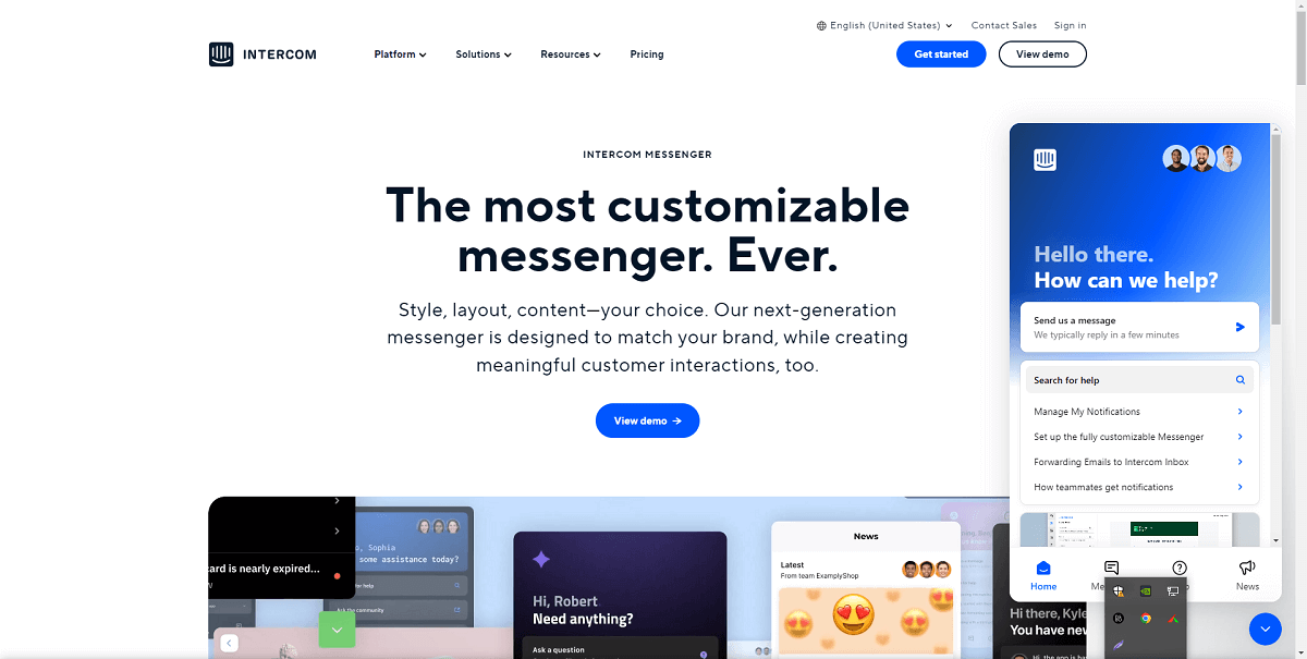 Ví dụ trang giải pháp của web Intercom