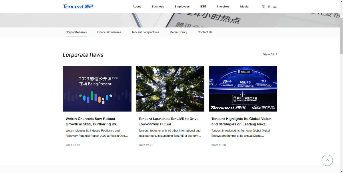 Ví dụ thiết kế trang Media của Website công ty Tencent
