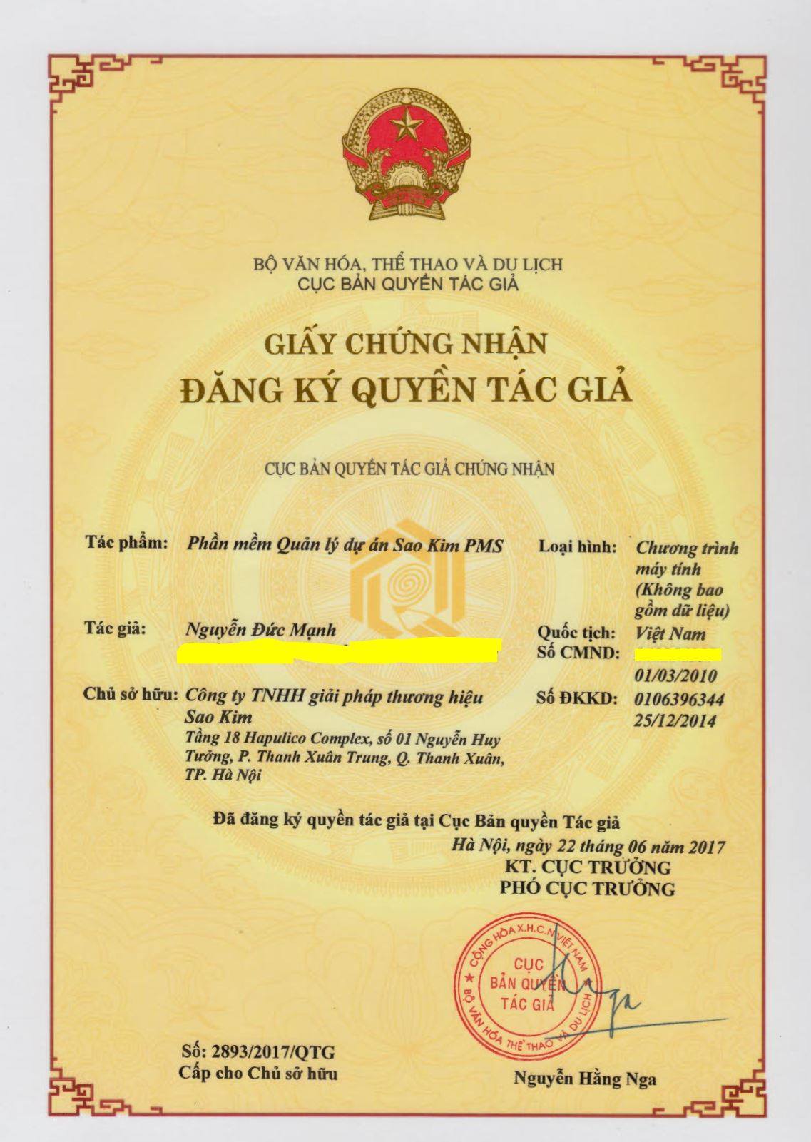 Đăng ký bản quyền phần mềm SaoKim