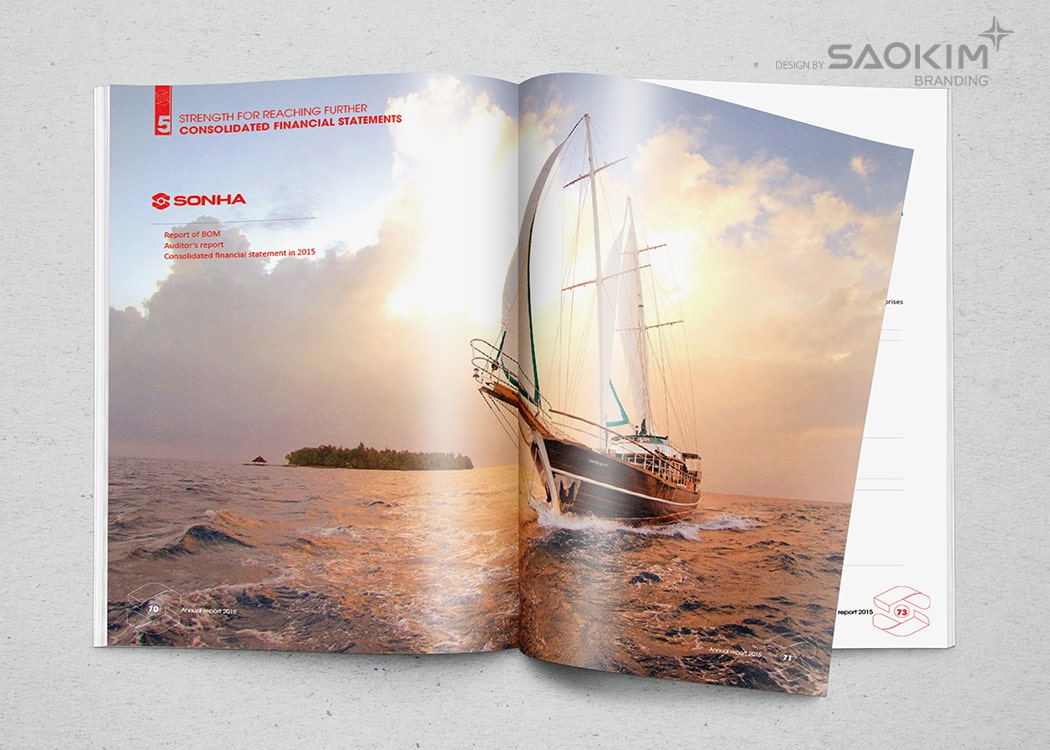 Mẫu thiết kế Báo cáo thường niên Tập đoàn Sơn Hà do Sao Kim Branding thực hiện theo chủ đề "Vượt sóng vươn xa"