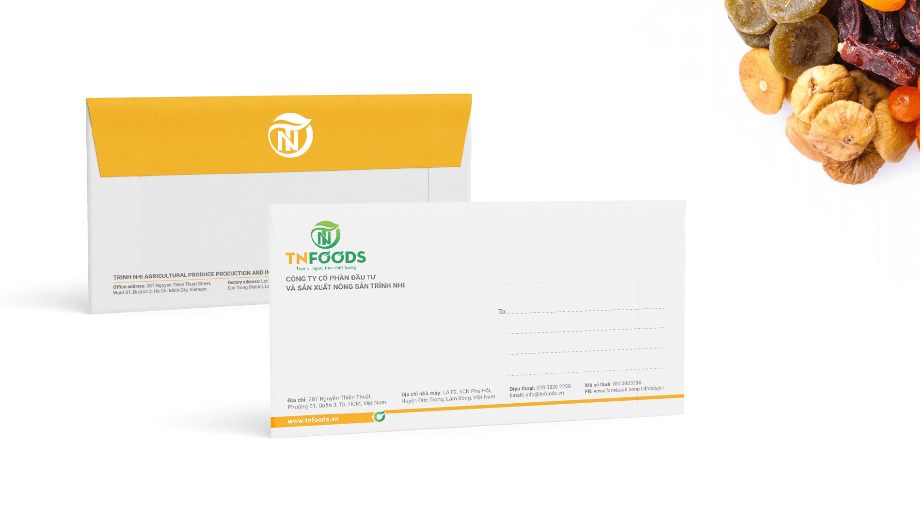 Dự án thiết kế thương hiệu, thiết kế website, nhận diện TN FOODS - Phong bì thư