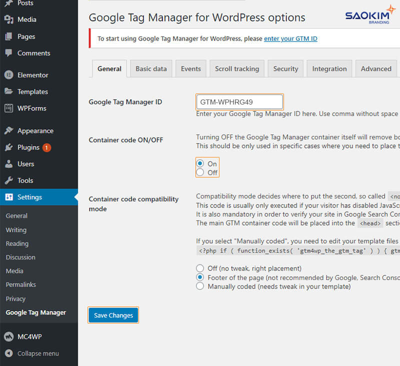 Cài đặt Google Tag Manager cho website WordPress - Bước Dán Google Tag Manager ID