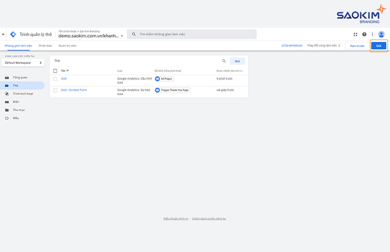 Cài đặt chuyển đổi điền Form bằng Google Tag Manager - Chọn Gửi để Xuất bản