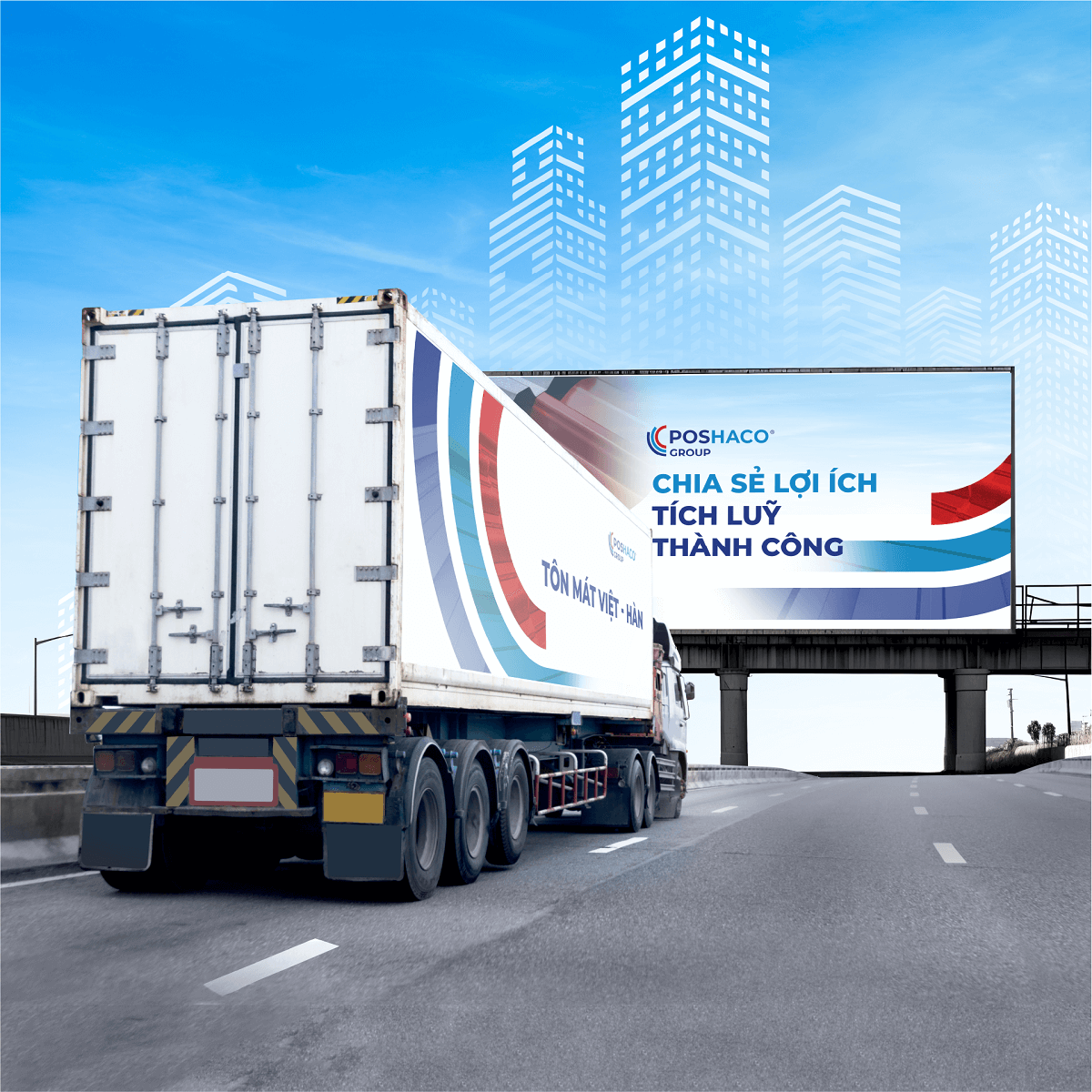 Dự án thiết kế logo, thiết kế bộ nhận diện thương hiệu POSHACO Group của Sao Kim Branding - Ứng dụng nhận diện trên xe tải và quảng cáo ngoài trời