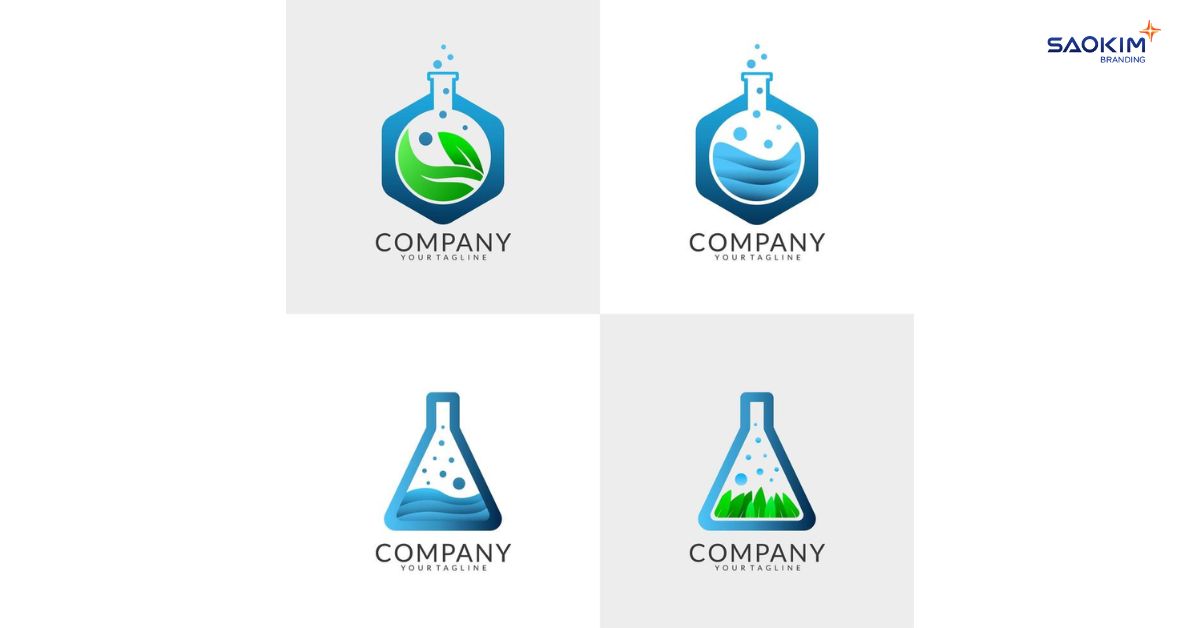 mẫu logo công ty hoá chất với biểu tượng ống nghiệm và phân tử